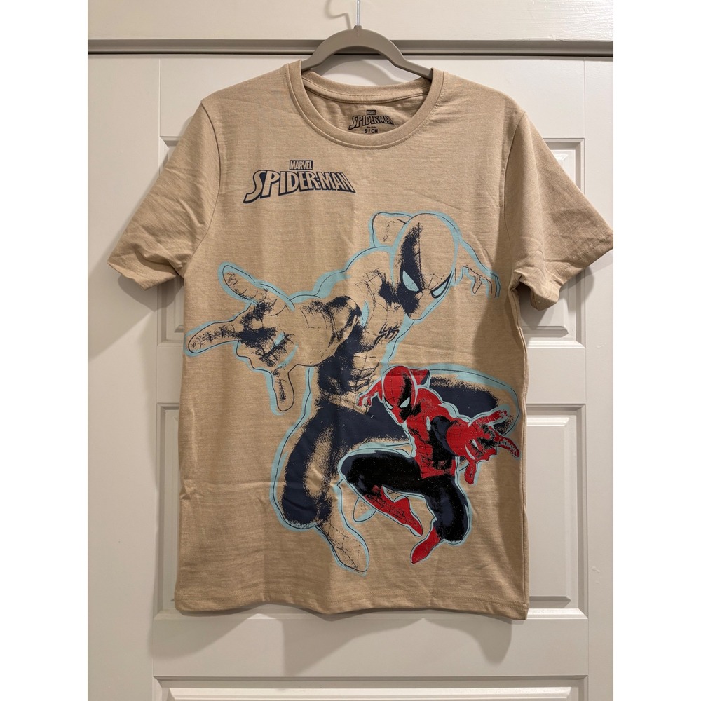 Marvel Spider-Man Mens Tan Graphic T-Shirt Double Sided Print Small NEW